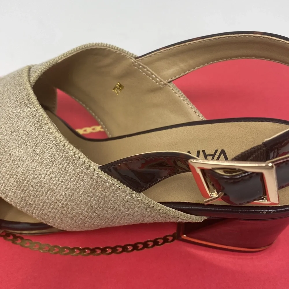 VANELI Bamba Natural Canvas Animal Print Detail Gold Trim Heel Size 7.5 Med NEW - Picture 4 of 16